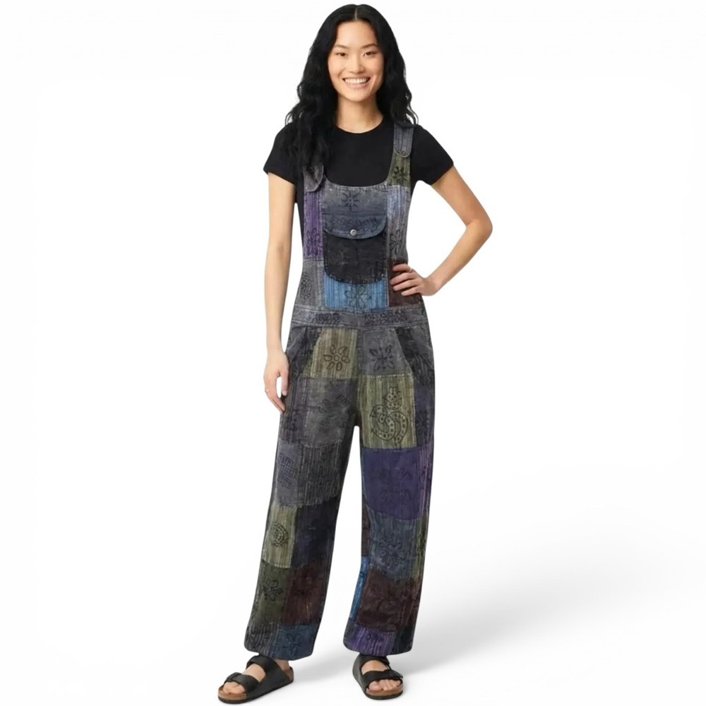 Ark Imports Enya Hand Printed Patchwork Cotton Overalls Women’s Size Small